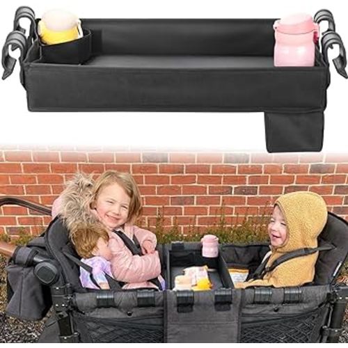Upgraded Stroller Snack Tray for Wonderfold Wagon W2 Series - Kids Toy Placement - Faux Leather Sides - Easy to Clean - Deeper Cup Holder - Reinforced Sides