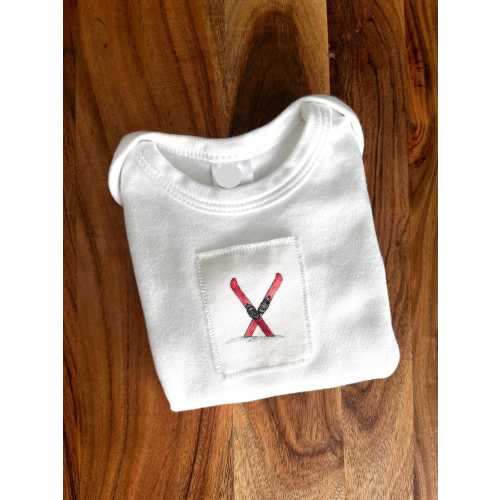 NEW! For Baby Ski Skier, Red Skis, One Piece Bodysuit Cotton Infant Baby Short Sleeve, Sizes: 3-6 Month OR 6-12 Month. Gift for New Baby