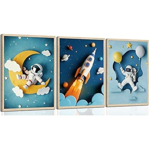 3Pcs Nursery Space Poster Wall Art Astronaut Planets Theme Rocket Spaceman Painting Picture Wall Decor Explore Dream Galaxy Canvas Print Artwork for Boysroom Kidsroom Home Decoration Unframed