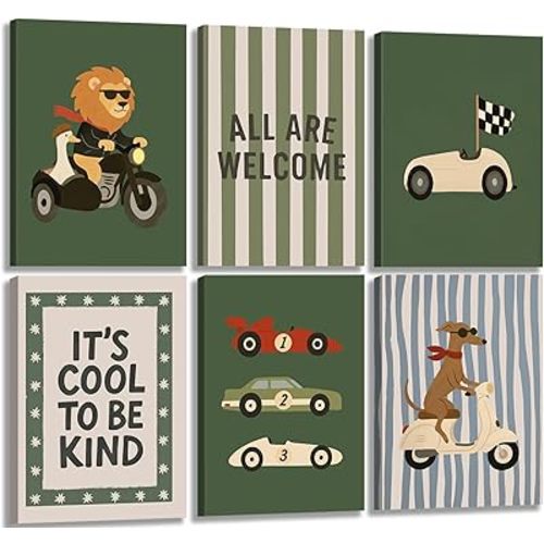 6Pcs Baby Nursery Wall Art Vintage Cartoon Animal Car Lion Painting Picture Wall Decor Kids Transport Lnspirational Quotes Posters Sage Green Print Artwork For Boys and Girls Room Playroom, Framed
