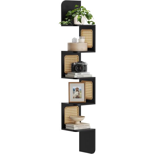 VASAGLE 5-Tier Corner Shelf, Wall Mounted Floating Shelf, Zigzag Corner Shelf Unit, PVC Rattan Sides, Space-Saving, for Kitchen, Living Room, Bedroom, Boho Style, Ash Black ULLS582B21