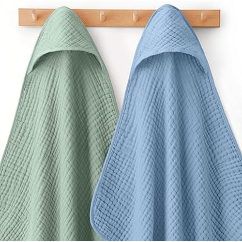 Looxii Baby Bath Towels 2 Pack Muslin Hooded Baby Towels for Newborn and Infants, 100% Cotton, Large 32x32Inch, Soft and Absorbent Blue+Green