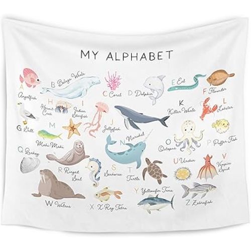 WARDOS Ocean Nursery Alphabet Tapestry, Sea Animals Kids Tapestry Wall Hanging, ABC Alphabet Educational Wall Blanket Decor for Classroom Toddler Kids Nursery Bedroom Playroom, 50x60 Inch