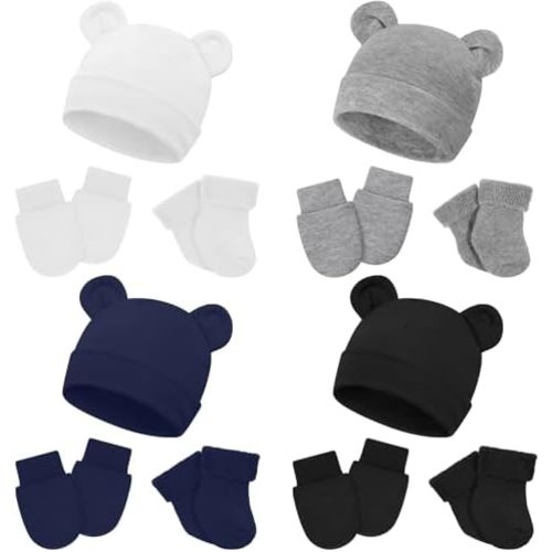 Cuffbow 4 Pcs Preemie Hats Mittens and Socks Set Preemie Mittens Warm Terry Socks for Baby