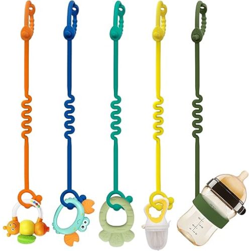 Toy Straps for Baby – 5 Pack Adjustable Silicone Toy Straps for Baby and Sippy Cup Straps for Strollers, High Chairs, Cribs, Car Seats, Food Grade Silicone, BPA Free, Multi Colors