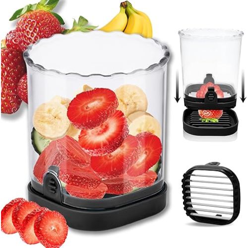 Hendiy Strawberry Slicer with Stainless Blades | Egg & Fruit Slicer Cup for Banana, Cucumber, Mushroom | ABS Detachable Kitchen Gadget - Precision Berry Cutter Tool (Black, 1-Pack)