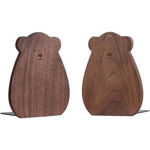 Muso Wood Bookends for Shelves, Decorative Book Ends for Children, Non-Skip Wooden Bookends for Office/Home/School (Walnut 1 Pair)
