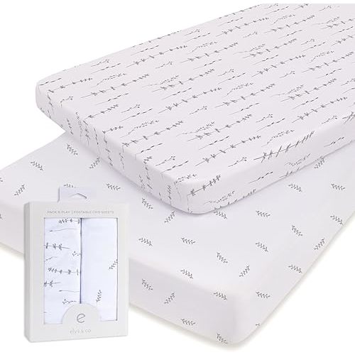 Pack and Play Sheet 2 Pack - Pack and Play Sheets Fitted with 100% Jersey Cotton - Pack N Play Mattress Sheets for Boys and Girls, Newborn Essentials (Neutral Forest Grey Floral and Leaves)
