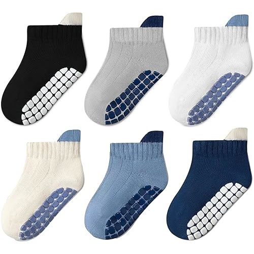 Toddler Non Slip Grip Ankle Socks with Grippers Cotton for Baby Boys Girls Infants Kids 6 Pairs