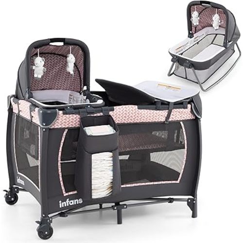INFANS 4 in 1 Pack and Play, Portable Nursery Center for Baby Kid Infant, Travel Playard with Bassinet, Mattress, Diaper Changer, Bag, Music Box, Storage Basket (Pink)