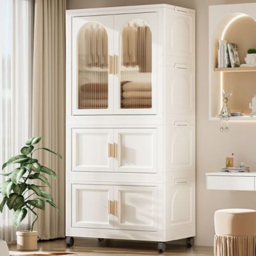 Armoire Closet With Magnetic Door, Plastic Storage Cabinet With 1 Layer Of Wardrobe And 2 Layers Of Folding Boxes And 10 Hangers-Cuddlewood