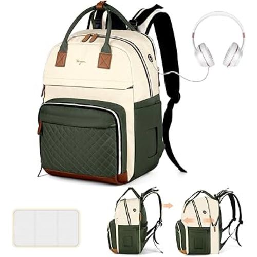 Diaper Bag Backpack - Extra Large Diaper Bag for 2 Kids Twin, Travel Baby Bags for Mom Dad 25-37L Expandable with Changing Pad Earphone Hole, Apricot Green