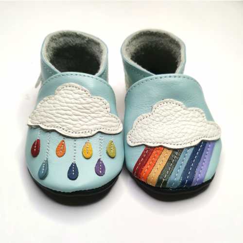 Light Blue Soft Sole Baby Shoes, Rainbow and Drops Slippers, Leather Toddler Shoes, Girls' Infant Shoes, Boys' Shoes, Baby Booties