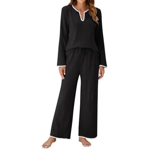 Blooming Jelly Womens 2 Piece Pajama Sets Fall Ribbed Color Block Lounge Set Fleece Long Sleeve Pj Sleepwear Pockets