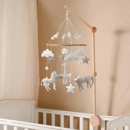 Safari Mobile for Crib - A Neutral Handmade White Jungle Crib Mobile with Safari Animals Clouds and Stars for a Neutral Nursery