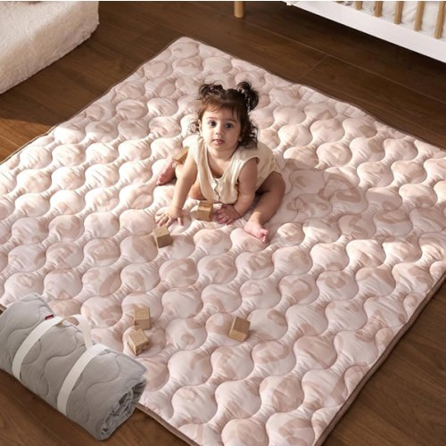 Momcozy Baby Play Mat for Floor, 50x50 Thickened Playpen Mat, Playmate for Baby Tummy Time, Waterproof & Non-Slip, Foldable Outdoor Mat with Carrying Handle, Leopard Heart