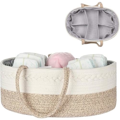 Baby Diaper Caddy Organizer -100% Cotton Baby Basket Bin with Removable Divider -Portable Tote Bag Storage Basket for Boy & Girl Nursery Organization (White & Yellow Variegated)