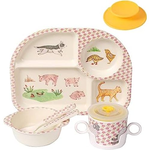 shopwithgreen 7Pcs/Set Bamboo Kids Dinnerware Set - Children Dishes - Food Plate Bowl Cup Spoon Fork Set Dishware, Cartoon Tableware, Dishwasher Safe Kids Healthy Mealtime, BPA Free