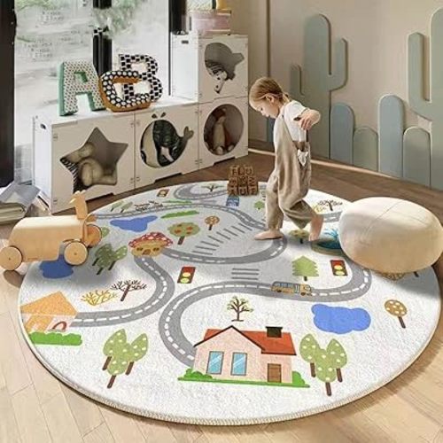 City Road Kids Carpet, Round Baby Mat Kids Room Decoration, Washable Non-Slip Cartoon Children Rug for Kindergarten Nursery School Rug Baby Playmats, 3.3FT