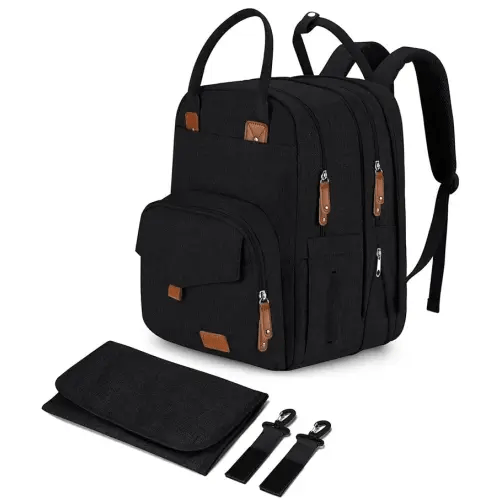 Large Diaper Bag Backpack for Two Kids Twins - Expandable Baby Bag (26-36L), Dual Big Compartments - Includes Changing Pad & Stroller Straps, Unisex Black