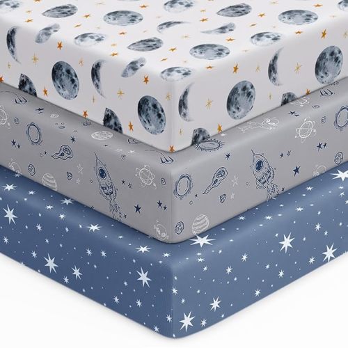 Baby Crib Sheets for Boys Girls, 28x52x8in Fitted Crib Sheet Neutral 3 Pack for Standard Crib and Toddler Mattress, Breathable Soft Microfiber Baby Sheet Blue Gray Planet