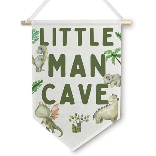 BlissfulAbon Sage Green Little Man Cave Dinosaur Wall Canvas Banner, Tropical Leaves Baby Dinosaur Woodland Nursery Wall Hanging Decor Pennant Flags for Kids Boys Room Bedroom Playroom, 11×15 Inch
