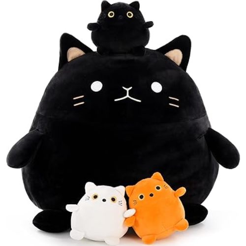 Cat Plush Toy 4Pcs - 18'' Giant Black Cat Mommy with 3 Cute Baby Kittens - Kawaii Fat Cats Stuffed Animal - Squishy Cat Plushies Pillow Gift for Boys and Girls