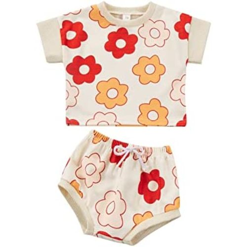 Madjtlqy Baby Girls Outfit Set Summer Flower Printing Short Sleeve T-Shirt Tops + Elastic Waist Shorts Set