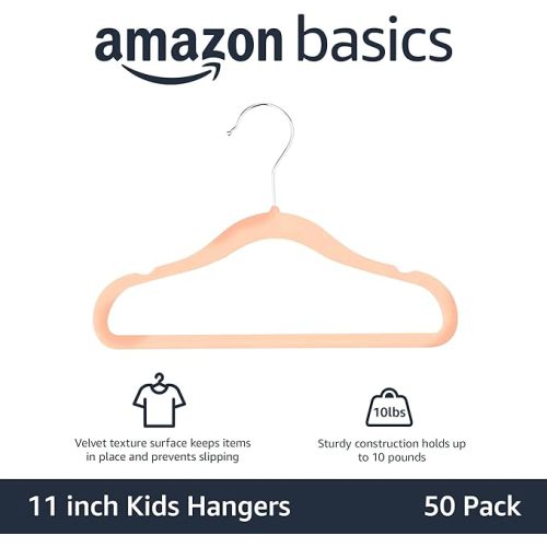 Amazon Basics Kids Velvet, Non-Slip Clothes Hangers for Infant and Toddler, 11.6 in (for baby clothes), Pack of 50, Blush