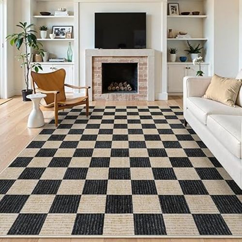 LIVEBOX 8x10 Area Rugs for Living Room, Checkered Non-Slip Washable Rugs, Farmhouse Neutral Classic Geometric Pattern Large Boys Area Rug for Bedroom, Carpet for Dining Room Office (Black,8'x10')