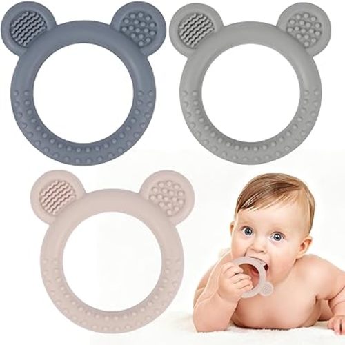 Eascrozn Baby Teething Toys Over 3 Months, 3 Pack Bear Silicone Teething Rings for Babies, Sensory Chew Toys for Teething Relief, BPA Free Infant Toys Boys Girls Gifts Baby Essentials