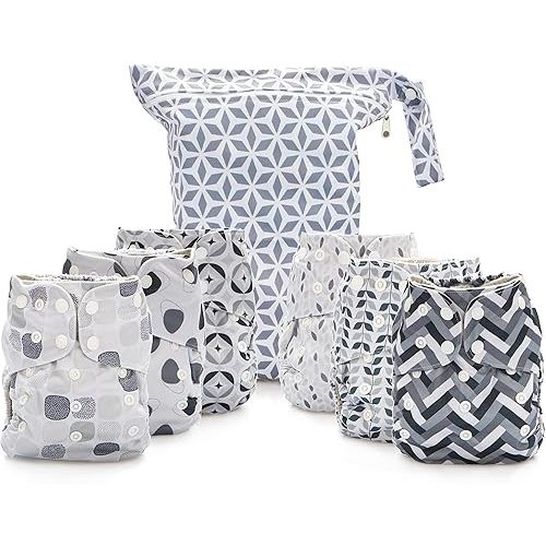 Simple Being Reusable Cloth Diapers, Double Gusset, One Size Adjustable, Washable Soft Absorbent, Waterproof Cover, Eco-Friendly Unisex Baby Girl Boy, six 4-Layers Microfiber Inserts (Greys)