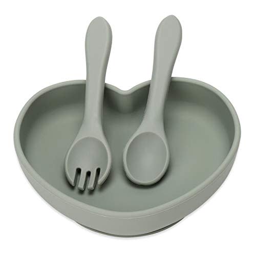Suction Plate, Socub Silicone Plate for Baby and Toddler, Unbreakable Non-Slip Kids Plates with Spoon and Fork, BPA Free, Dishwasher and Microwave Safe, Sage
