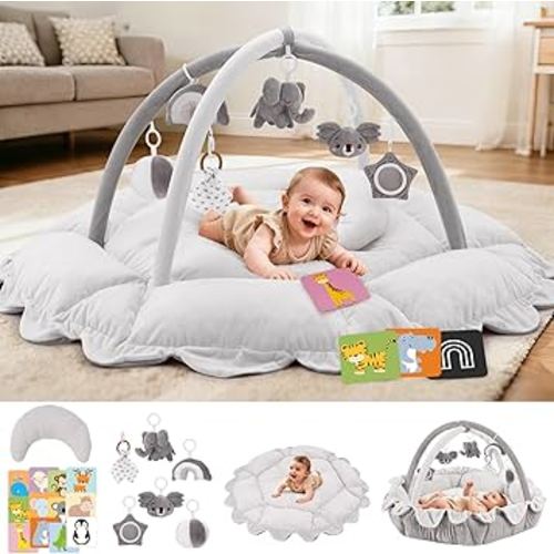 5-in-1 Baby Activity Gym & Play Mat with 6 Hanging Toys, Tummy Time Pillow & Cards - Extra Large, Reversible Machine Washable Pad - Gift for Newborns, Infants 0-12 Months, Grey