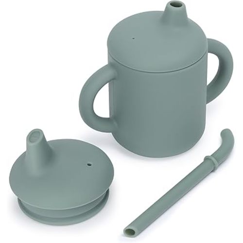 Sippy Cups for Toddlers 1-3 with Straws,Silicone Baby Cup 6-12 months with Handles for Feeding Essentials,4oz [4 in 1],Sage