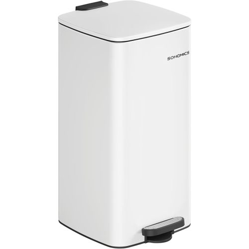SONGMICS Kitchen Trash Can, 8-Gallon (30 L) Trash Bin, Stainless Steel Garbage Can, with Inner Bucket, Soft Close and Stays Open, Cloud White ULTB593W01