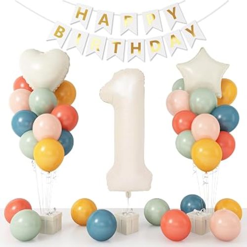 Boho 1st Birthday Decorations for Girls, 40 Inch Beige Number 1 Balloons