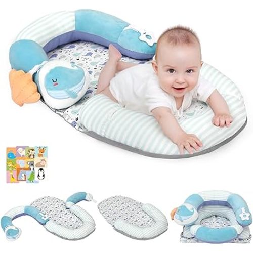 Foryoomi 4 in 1 Tummy Time Mat with Educational Cards, Play Mat & Sitting Support for Newborn 0-12 Months, Infant Baby Sit Me Up Floor Seat, Sensory Skills Gifts, Blue Whale