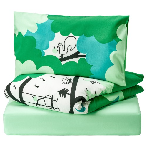 GRÖNFINK 3-piece bedlinen set for crib - green/turquoise 27 ½x52 "