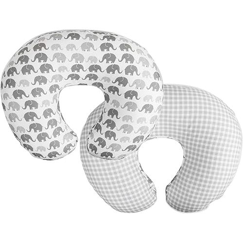 Boppy Original Nursing Pillow, Gray Elephants Plaid, Ergonomic Nursing Essentials for Bottle and Breastfeeding, Firm Fiber Fill, with Removable Pillow Cover, Machine Washable