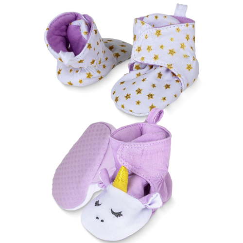 Baby Booties Girls 6-9 Months, 100% Cotton, Hook & Loop Closure & Non Slip Grippers Baby Slippers that Stay On (Purple Unicorn)