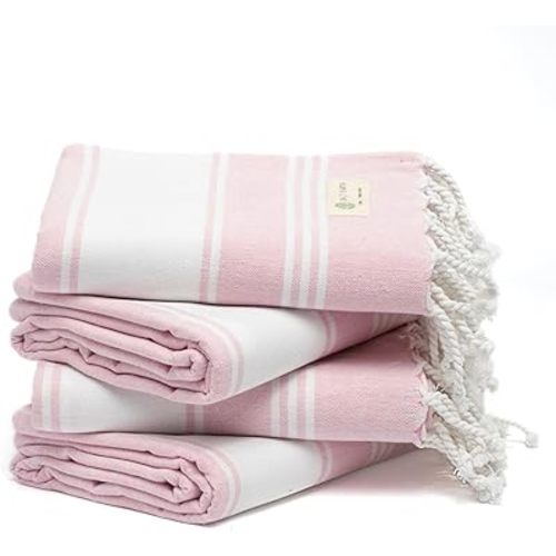 Salt Earth Cotton Turkish Beach Towel, Set of 4 Large, Bathroom, Beach Essentials, Gym, Quick Dry for Shower, Lightweight Large Towels for All (Candy Pink)