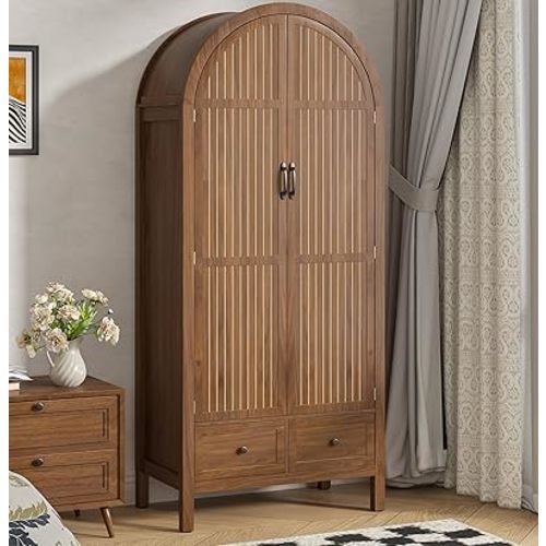 Armoire Wardrobe Closet, Modern Wardrobe Closet with Drawers and 2 Arched Fluted Doors, 70.87‘’ Tall Wooden Bedroom Armoires with Shelves and Hanging Rod (1, Walnut,17.71''D)