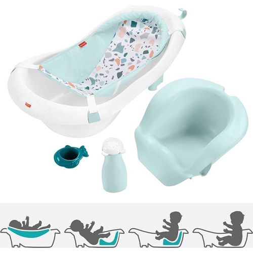 Fisher-Price Baby to Toddler Bath 4-in-1 Sling ‘n Seat Tub with Removable Infant Support and 2 Toys, Pacific Pebble