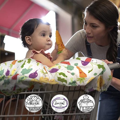 Boppy Shopping Cart and High Chair Cover, Multi-color Farmers Market Veggies, with Changeable SlideLine Carrot Toy, Plush Comfort with 2-point Safety Belt, Wipeable and Machine Washable, 6-48 Months