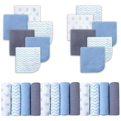 Viviland Baby Washcloths, Soft 24-Pack Baby Wash Cloths Unisex for Boys Girls, Super Absorbent Baby Face Towel Gentle on Sensitive Skin, Wash Clothes for Face & Body, 9"x 9" Blue Elephant Pattern
