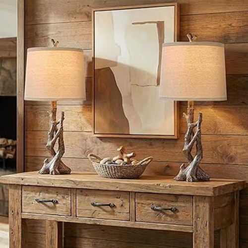 OYEARS 23" Rustic Farmhouse Table Lamp Country Cottage Lamps for Nightstand Tree Trunk Wood Grain Lamp for Bedroom Living Room with Oatmeal Fabric Round Shade Resin Bedside Lamp