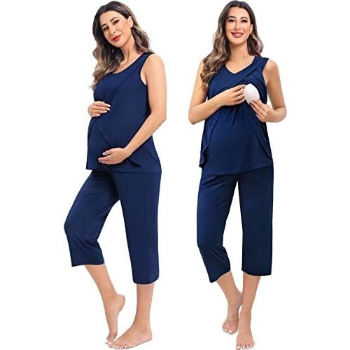 SWOMOG Women Maternity Pajama Set Nursing Pjs Double Layer Sleeveless Top Capri Pregnancy Set Breastfeeding Pjs with Pockets