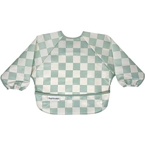 Tiny Twinkle Mess Proof Baby Bib,Waterproof Smock Baby Bib for Eating,Machine Washable Long Sleeve Bib,Baby Led Weaning,Toddler Bib,BLW Supplies(Checkers Sage, Small 6-24 Months)
