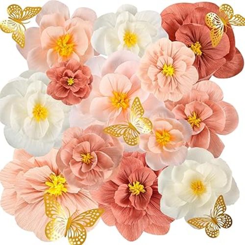 36 Pcs Tissue Paper Flowers, Crepe Paper Flowers Decorations, Large Paper Flower w 3D Butterfly for Baby Shower Nursery Room Wedding Birthday Party & Events Wall Décor(Pink White)